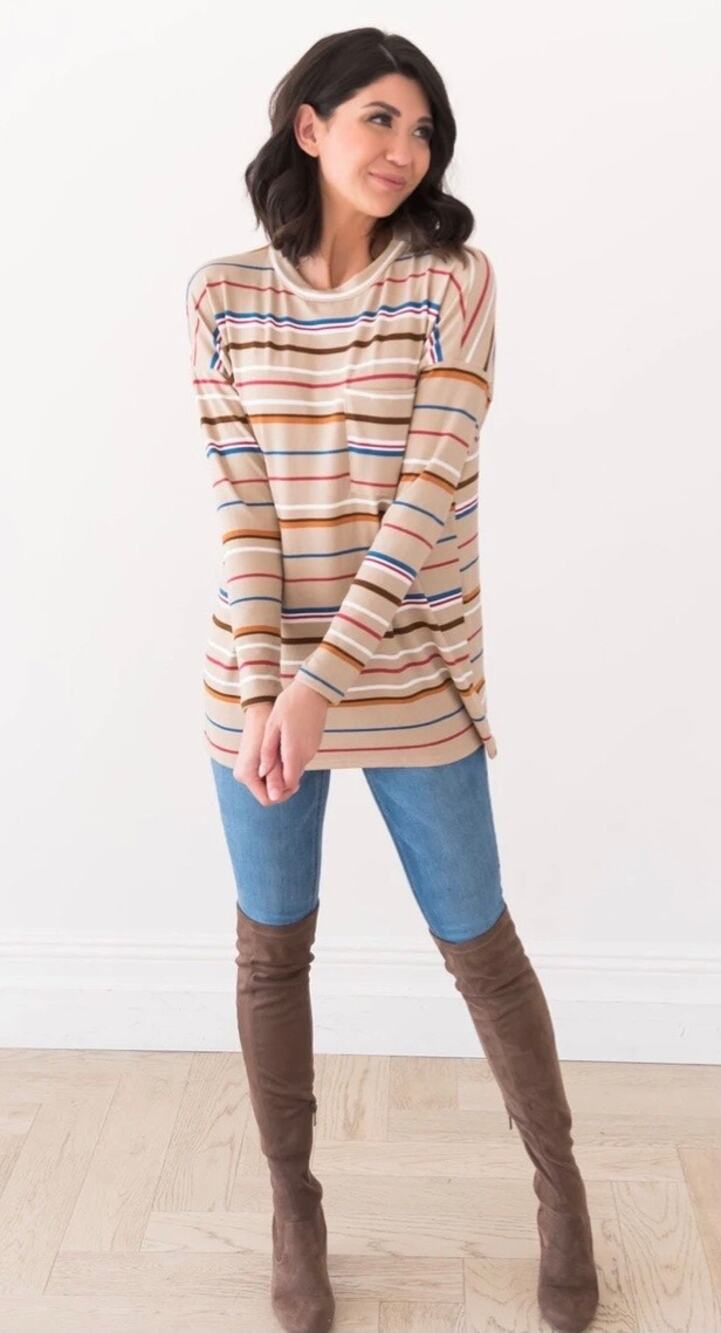 Reb. in J. Taupe Striped Long Sleeved Pocket Fall Blouse Size Small NWT Casual